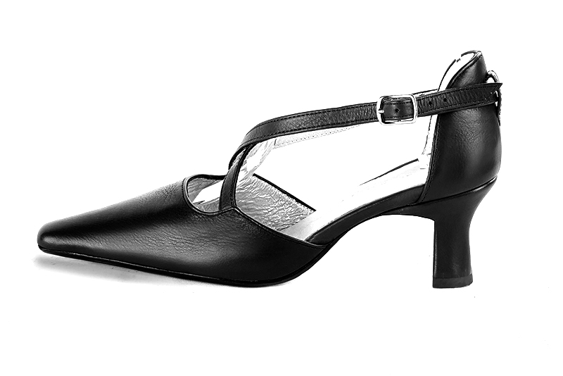 Satin black women's open side shoes, with crossed straps. Tapered toe. Medium spool heels. Profile view - Florence KOOIJMAN